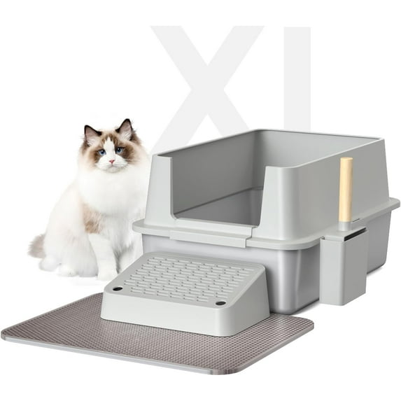 Stainless Steel Cat Litter Box,XL High Sided Cat Litter Box with Poop Scooper/Footboard/Mat (Light Gray)