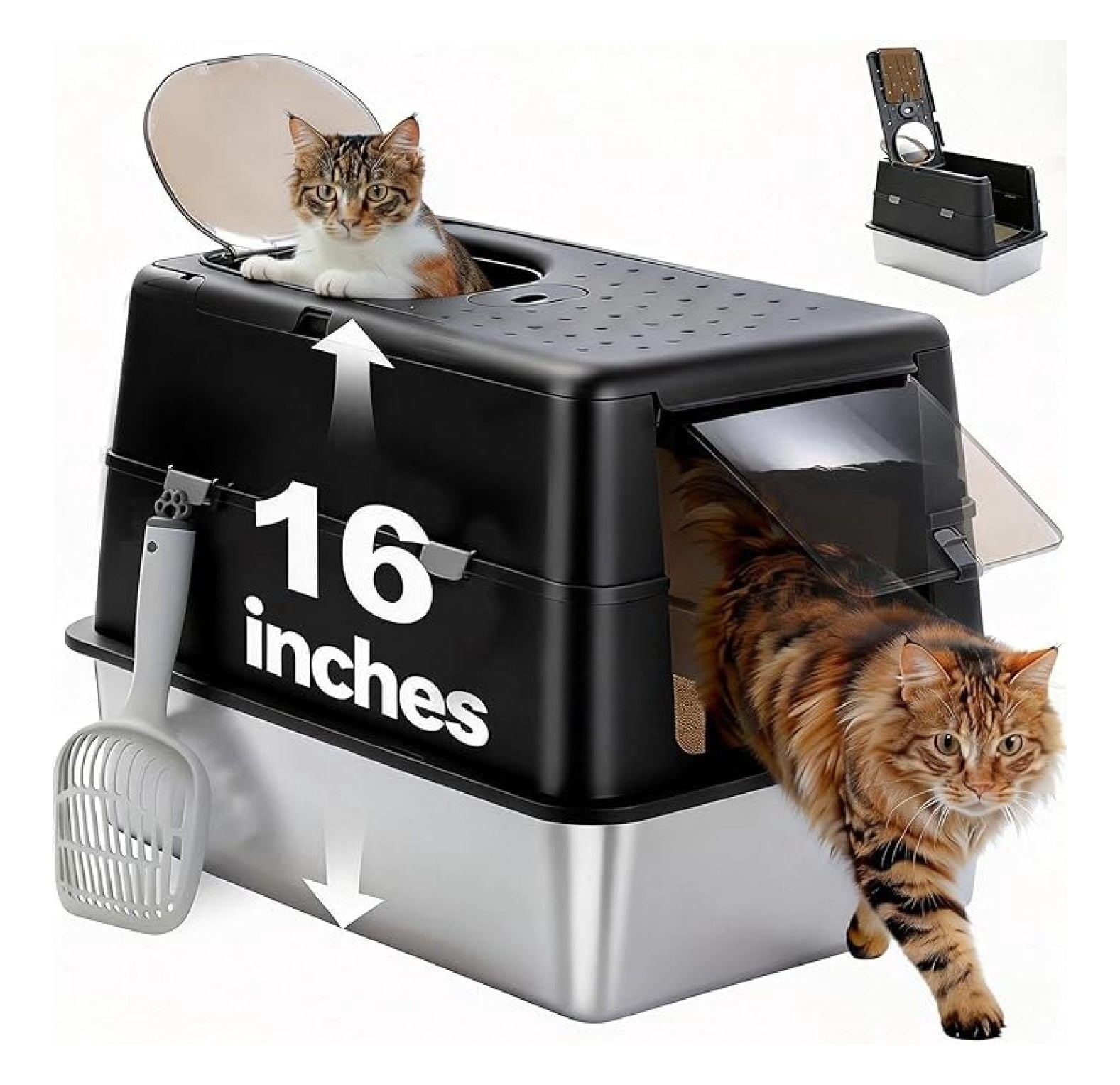 Stainless Steel Cat Litter Box XYT XL Extra-Large Enclosed Black For Big Cats Anti-Leakage With Dual Entry Pan