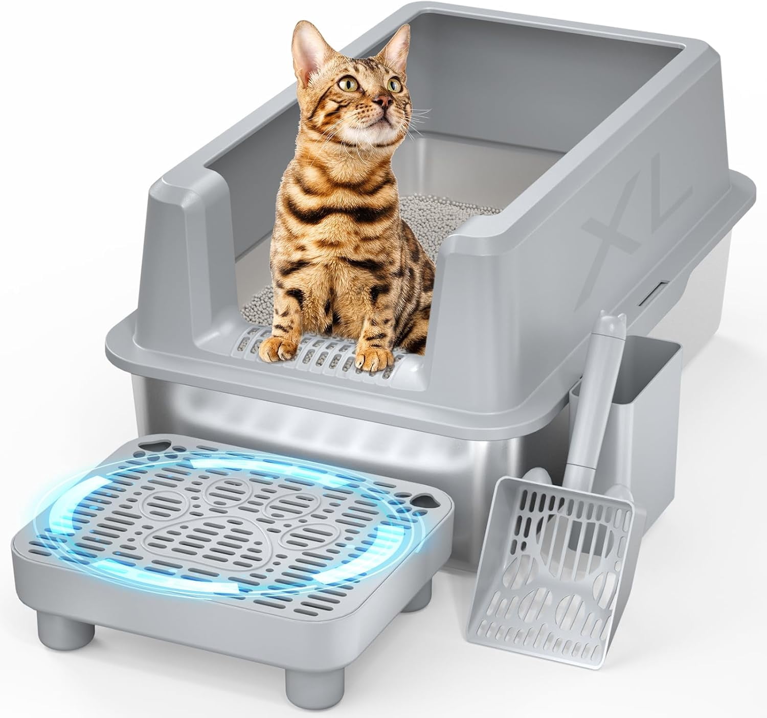 Stainless Steel Cat Litter Box with lid, Extra Large Metal Litter Box for Big Cats XL High-Sided Steel Litter Pan with Anti-Leakage Design, Odorless, Easy Clean, Includes Scoop (Gray)