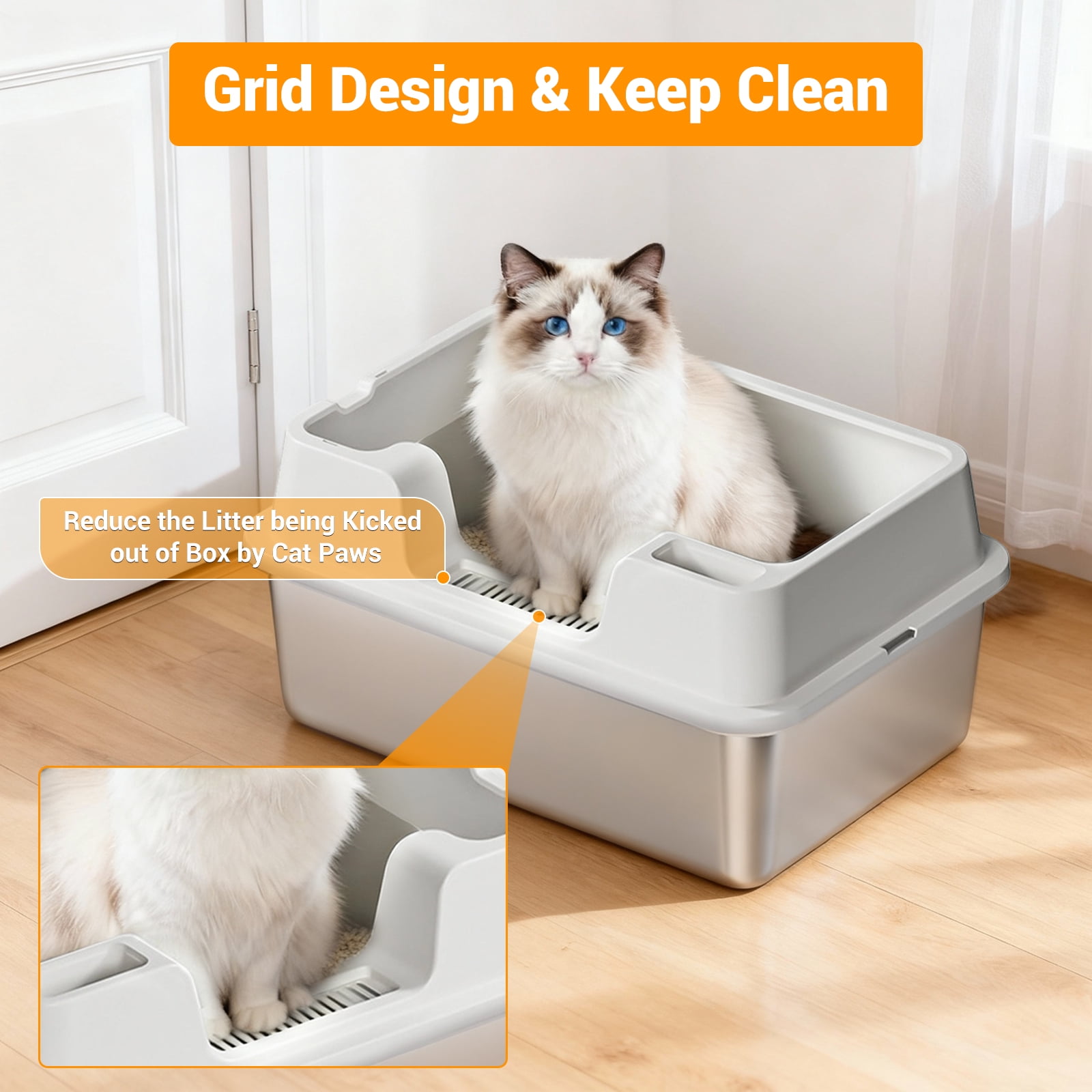 Stainless Steel Cat Litter Box with Cat Litter  60*40*22CM Gray