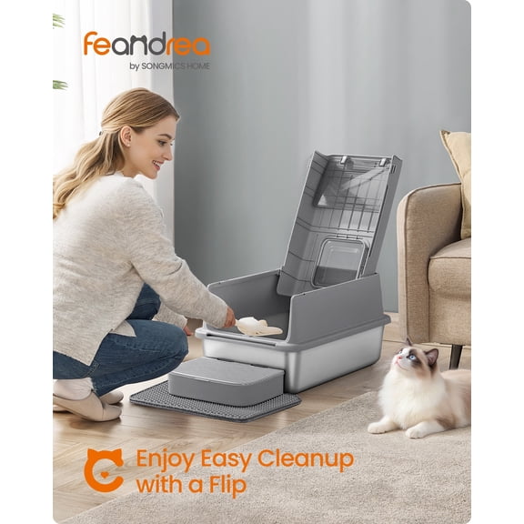 Stainless Steel Cat Litter Box with Flip Lid, 23.6 Inch Enclosed Litter Box with 2 Doors and Leak-Proof Design, Dove Gray