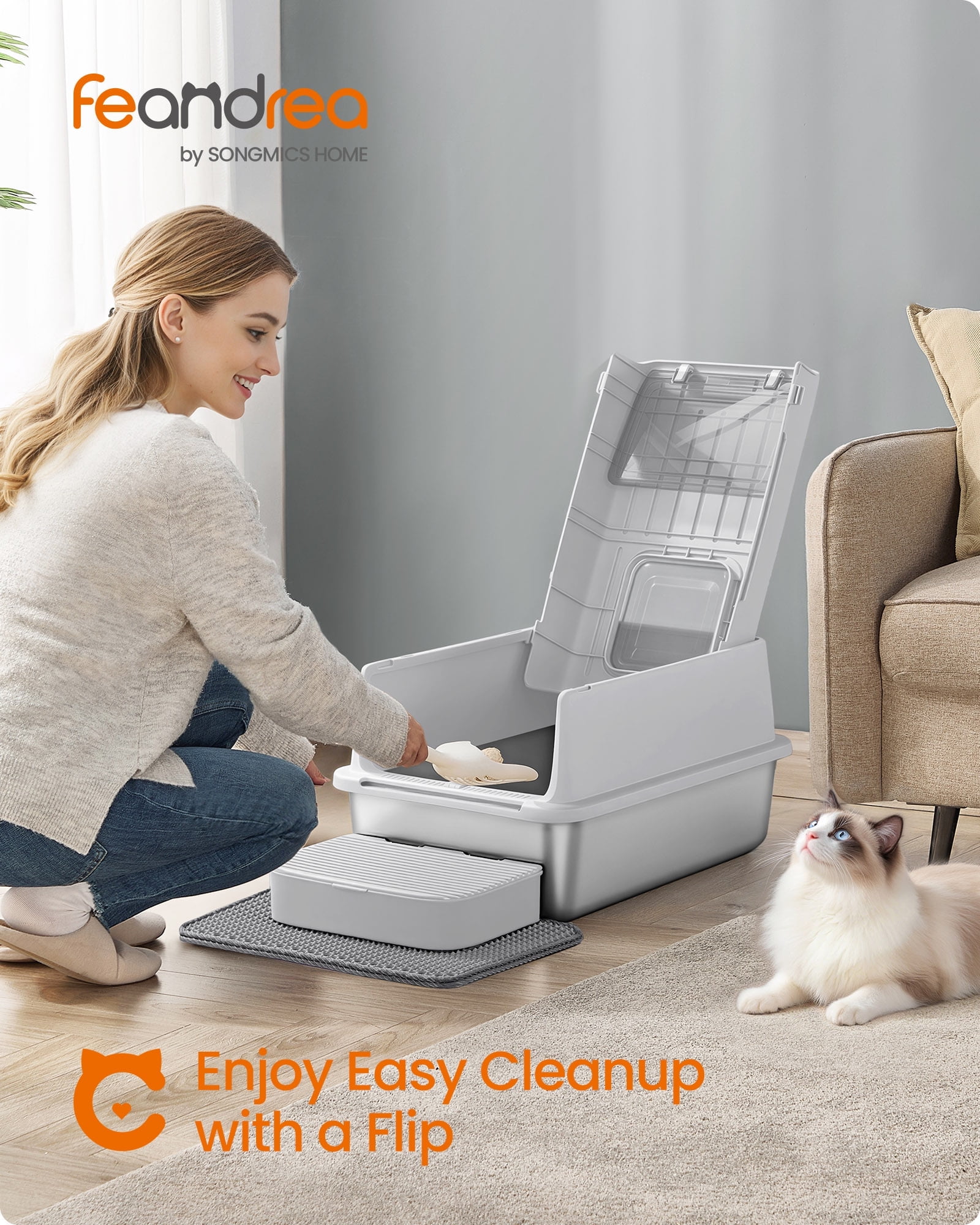Stainless Steel Cat Litter Box with Flip Lid, Dual Doors, Litter Catcher Mat and Scoop, Leak-Proof Enclosure for Cats up to 33 lb, Light Gray