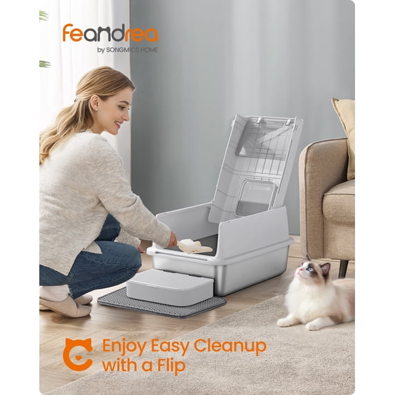 Stainless Steel Cat Litter Box with Flip Lid, Dual Doors, Litter Catcher Mat and Scoop, Leak-Proof Enclosure for Cats up to 33 lb, Light Gray