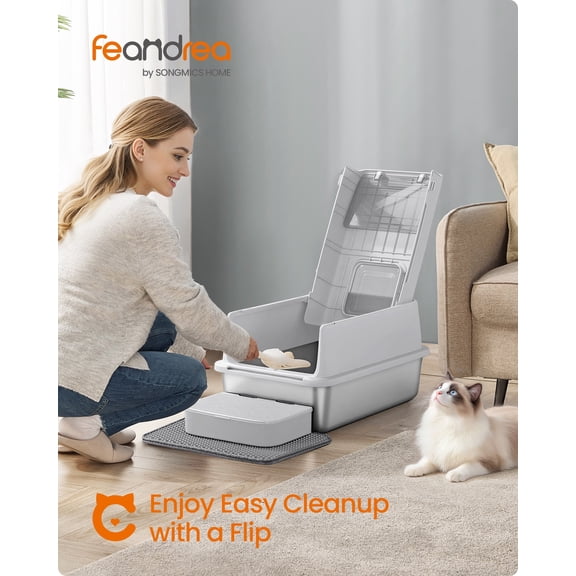 Stainless Steel Cat Litter Box with Flip Lid, Dual Doors, Litter Catcher Mat and Scoop, Leak-Proof Enclosure for Cats up to 33 lb, Light Gray