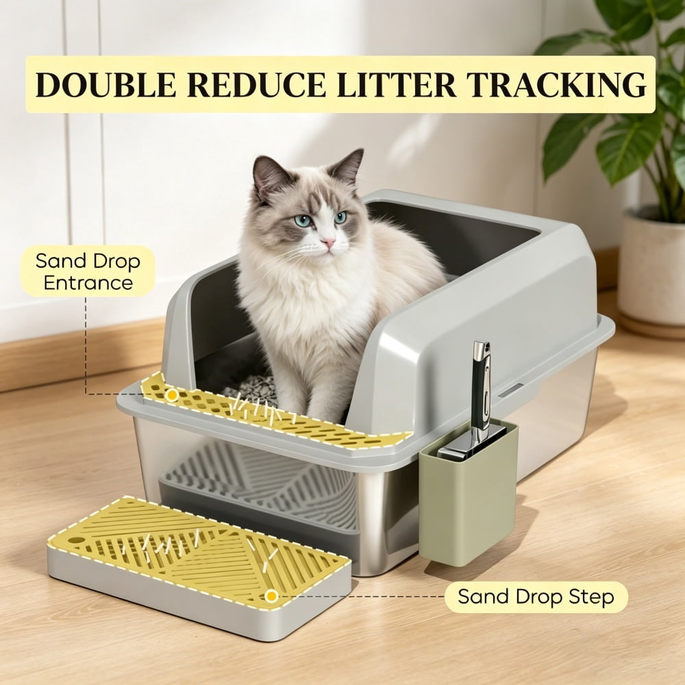 Stainless Steel Cat Litter Box with High Side Wall, Anti-Spill & Anti-Tracking, Includes Scoop & Storage Box