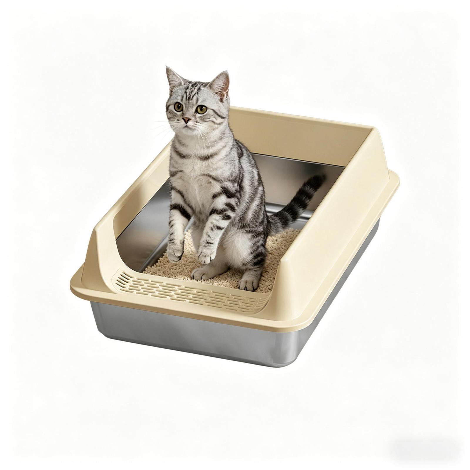 Stainless Steel Cat Litter Box with High Sides Easy to Clean, Smooth Surface, Rust Resistant, 15.7x11.8x7.8 Inches,Khaki