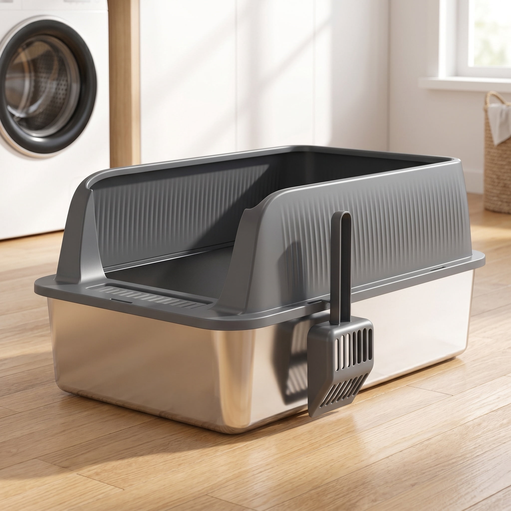 Stainless Steel Cat Litter Box with High Sides, Leak-Proof, Odor-Resistant, Easy to Clean, Includes Litter Scoop for Indoor Cats