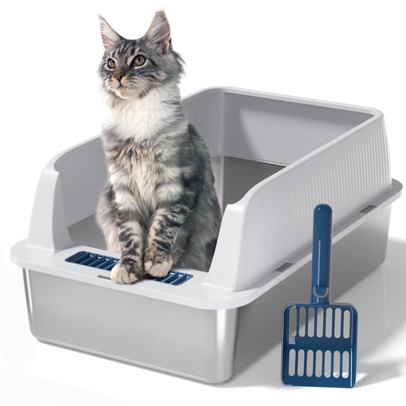 Stainless Steel Cat Litter Box with High Sides Lid, Extra Large XL for Big Cats, Open Top Metal Kitty