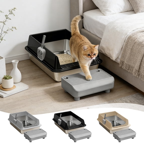 Stainless Steel Cat Litter Box with High Sides and Step Platform for Small Cats, Nonstick Easy Clean Resistant Pan with Matching Litter Scoop