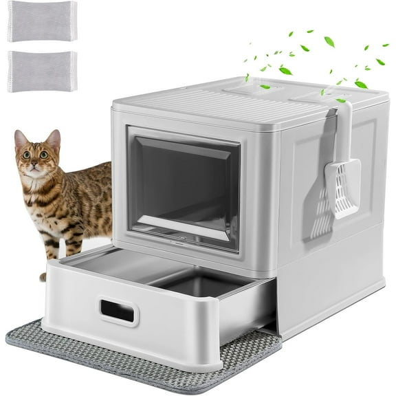 Stainless Steel Cat Litter Box with Lid & Drawer, Enclosed Litter Box, Baffles for Anti-Leakag, with Litter Scoop & Litter Mat