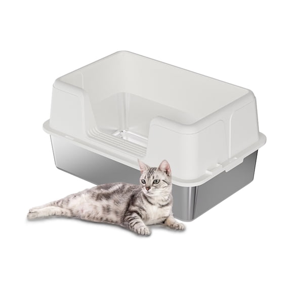 Stainless Steel Cat Litter Box with Lid – Leak-Proof & Scratch-Resistant Litter Box for Large Cats, Includes Anti-Slip Mat & Scoop, Easy to Clean