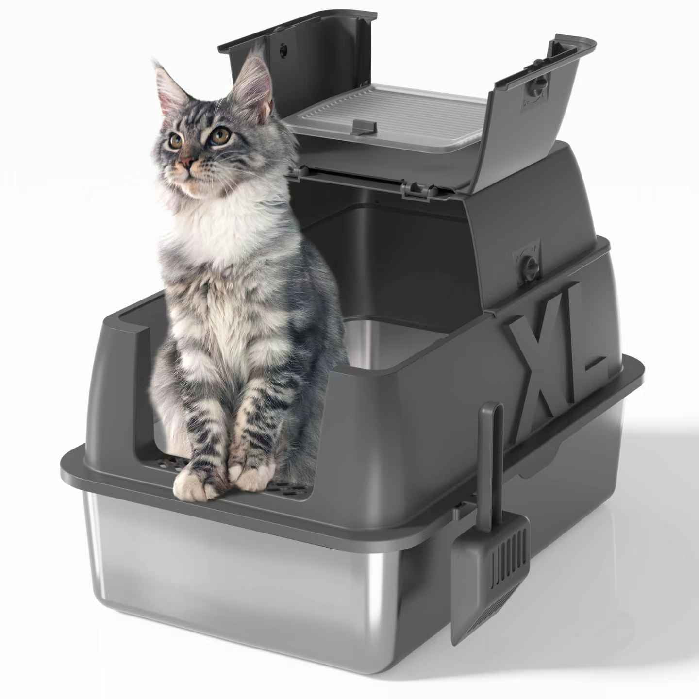 Stainless Steel Cat Litter Box with Lid - XL 18" Deep for Big Cats,180° Flip-Top, Odor-Free & Anti-Leak with Scoop