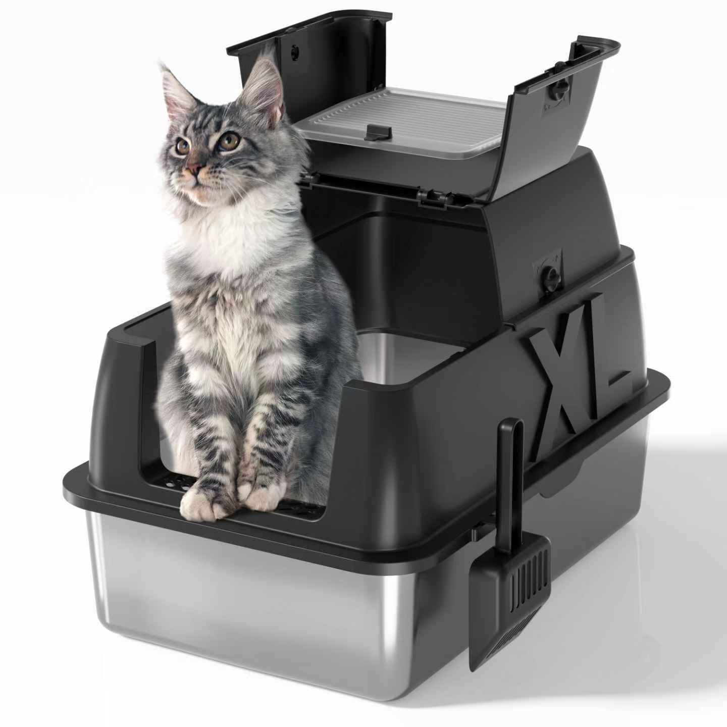 Stainless Steel Cat Litter Box with Lid - XL 18" Deep for Big Cats,180° Flip-Top, Odor-Free & Anti-Leak with Scoop