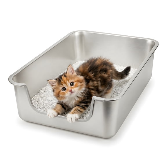 Stainless Steel Cat Litter Box with Low Entry, Bug Hull High Sided Metal Pan, Odor Control, Easy to Clean, 17.7" x 13.8" x 6"