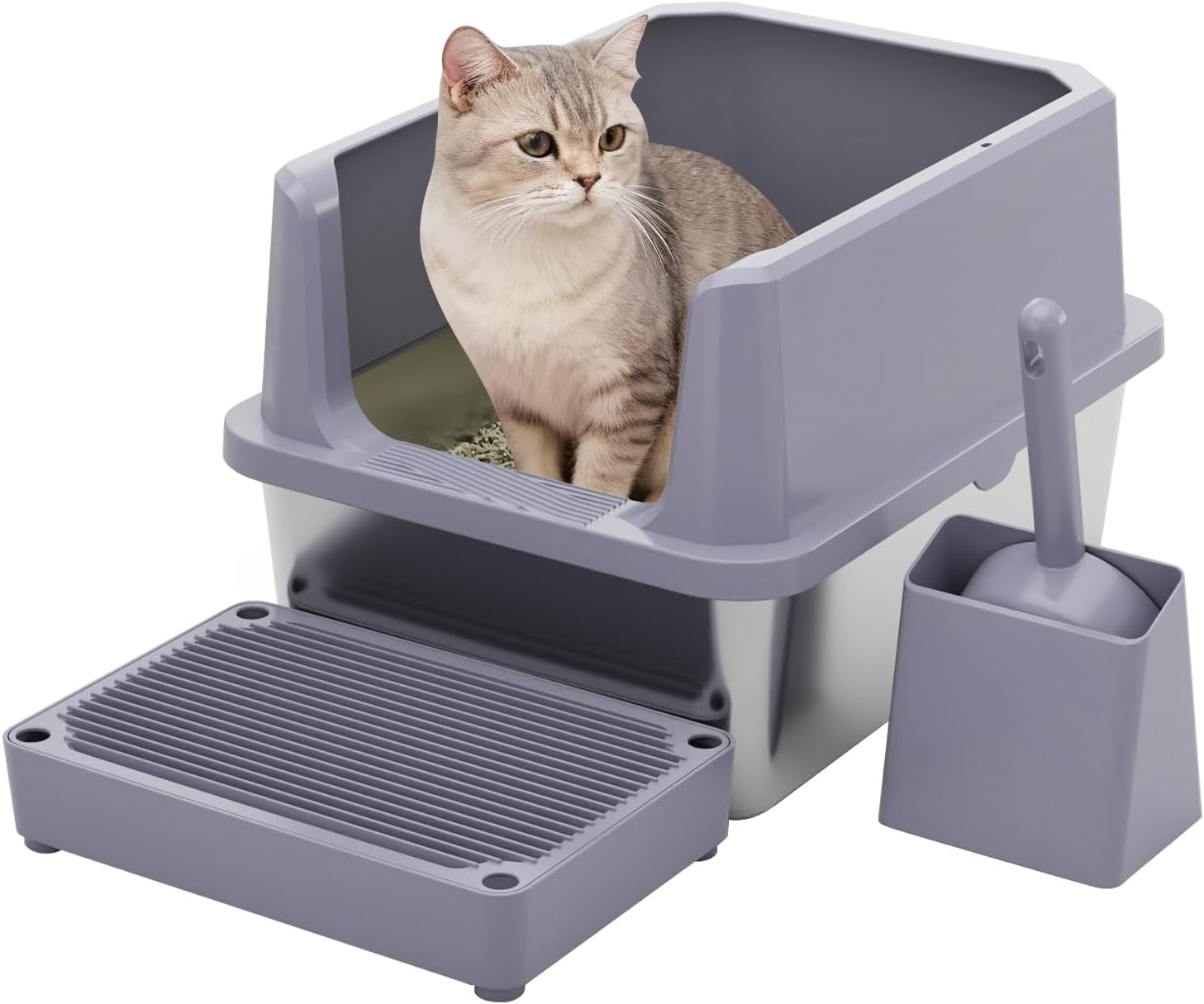 Stainless Steel Cat Litter Box with Odor Control - High Sides, Easy Clean Non-Porous Design - Includes Scoop for Open Top Fast Scooping