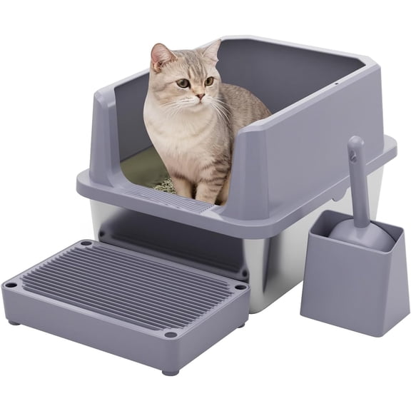 Stainless Steel Cat Litter Box with Odor Control - High Sides, Easy Clean Non-Porous Design - Includes Scoop for Open Top Fast Scooping