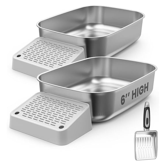 Stainless Steel Cat Litter Box with Steps & Metal Scooper, X-Large, 2 Pack, 23” x 16.5” x 6”