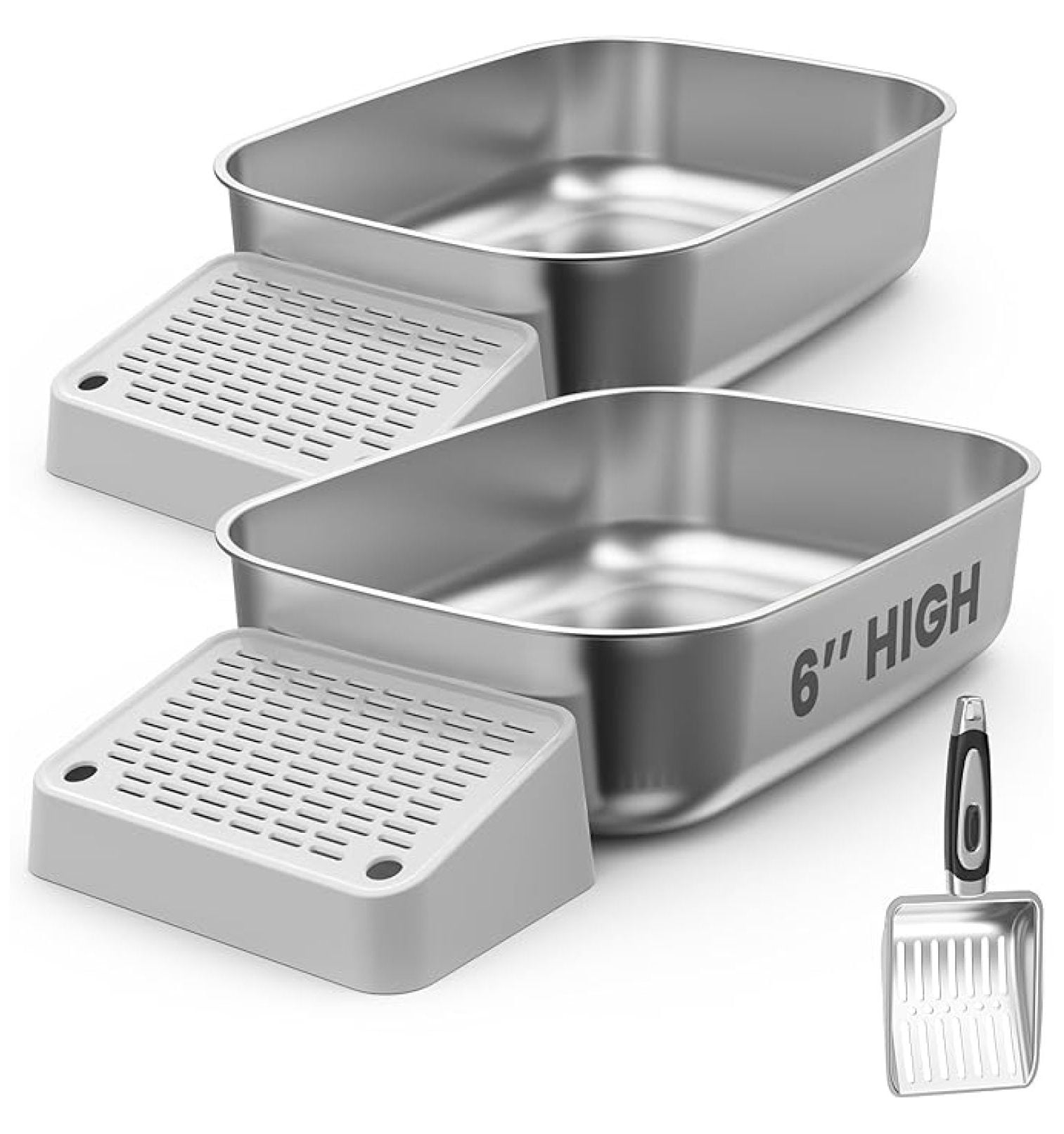 Stainless Steel Cat Litter Box with Steps & Metal Scooper, X-Large, 2 Pack, 23” x 16.5” x 6”