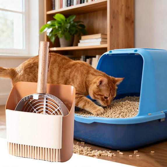 Stainless Steel Cat Litter With Holder Stand and Clean Sifting Design for All Litter Pans Coarse and Fine Grids Effortless and Minimal Stickiness, Khaki 2