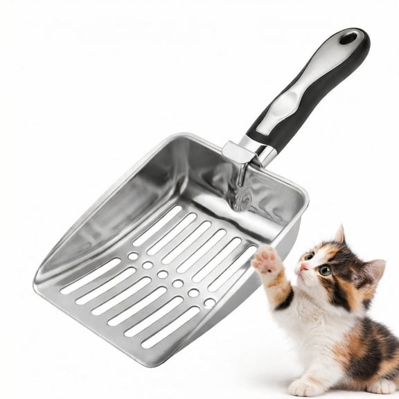Cat Litter Scoop with Hooks, Heavy Duty Metal Litter Scoop, Stainless Steel Scoop for Cats, Silver