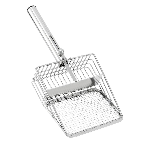 Stainless Steel Cat Litter Scoop, Large Heavy Duty Metal Poop Scooper with Deep Shovel and Long Handle, Efficient Sifting for Litter Box Cleaning, Durable Kitten Waste Lifter, Silver