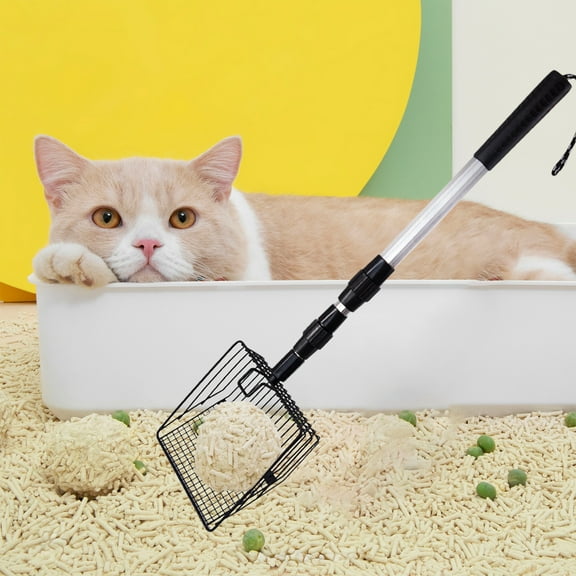 Stainless Steel Cat Litter Scoop | Telescopic Ergonomic Handle | Fine Mesh Sifter | Anti-Splash High Sides | Heavy Duty Poop Shovel | 15cm Wide | 45x15x5cm | Black Silver