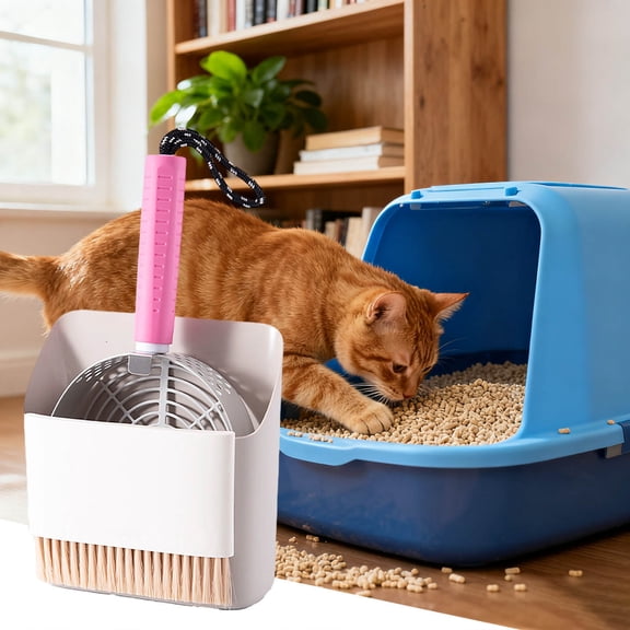 Stainless Steel Cat Litter Shovel with Holder Stand for Indoor Use Nonstick Fine and Coarse Grid Litter Pan Rake Tool, Light Pink