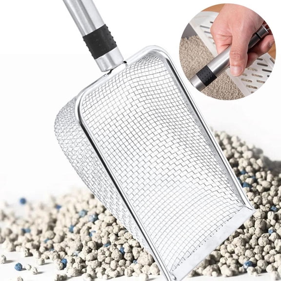Stainless Steel Cat Sand Sifter with Comfort Grip Handle, Quick Sifting Fine Mesh Scooper, Rust-Resistant Non-Stick Pet Cleaning Tool with Hanging Hole for Feline Litter Box