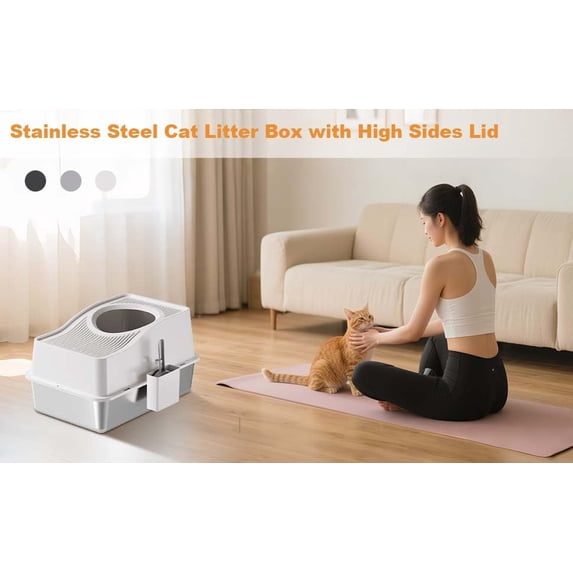 Stainless Steel Cat Toilet, Enclosed Top Entry Litter Box with Hollow Lid, High Sided Metal Cat Pan for Kittens, White, 23.6" x 15.7" x 13.5"