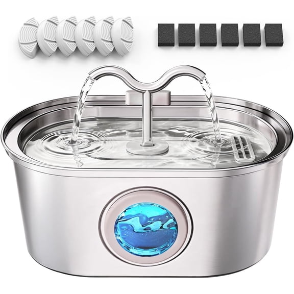 Stainless Steel Cat Water Fountain, 108oz/3.2L Pet Water Fountain for Cats Inside, with Dual Spouts for Multiple Cats, Ultra-Quiet Automatic Dog Water Dispenser, 6 Replacement Filters Included