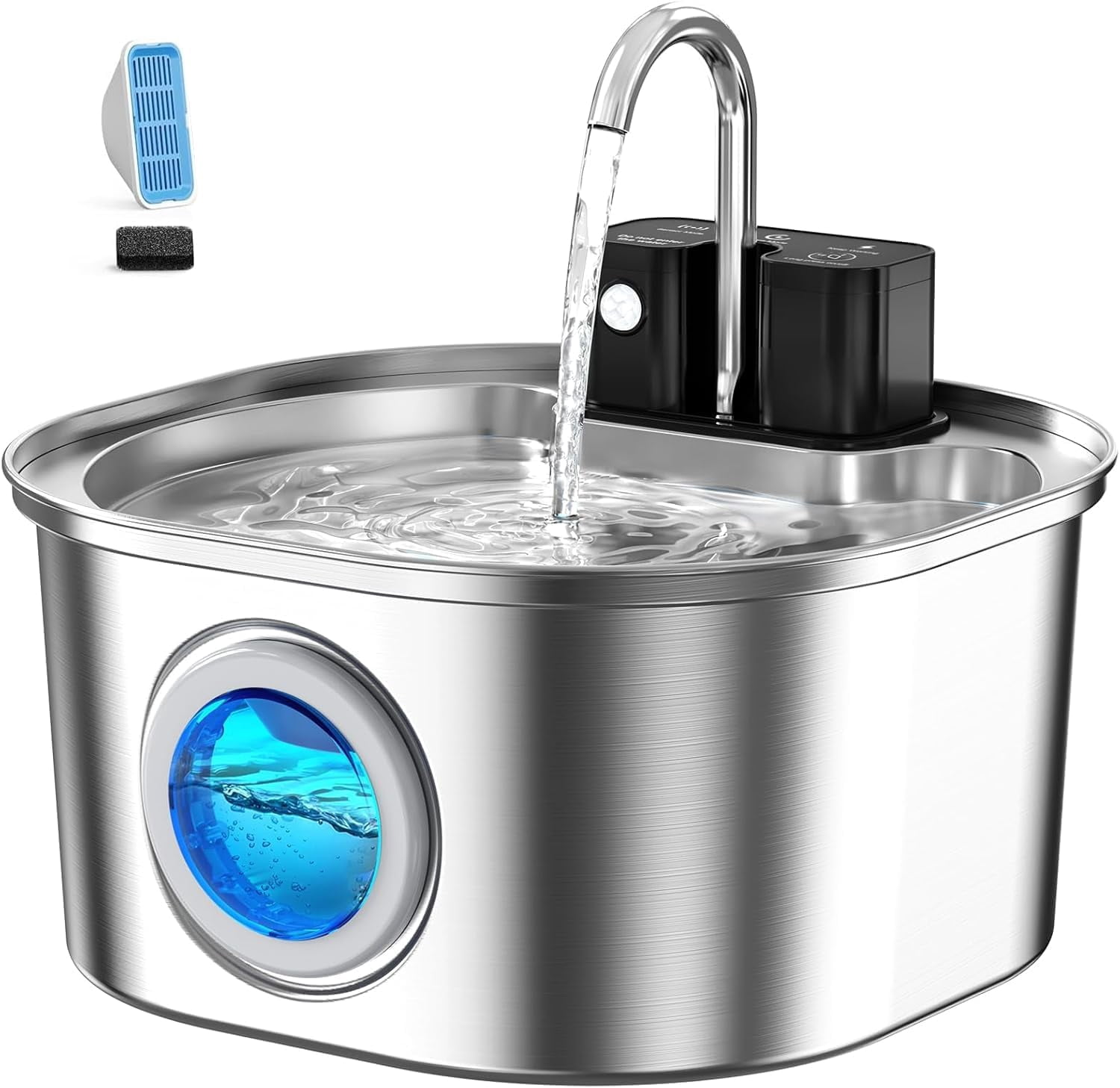 Stainless Steel Cat Water Fountain: 108oz/3.2L Wireless Cat Fountain Battery Operated for Drinking Indoor, Automatic Pet Water Dispenser Bowl with Ultra Quiet Pump, Easy Clean BPA-Free, 1Filter