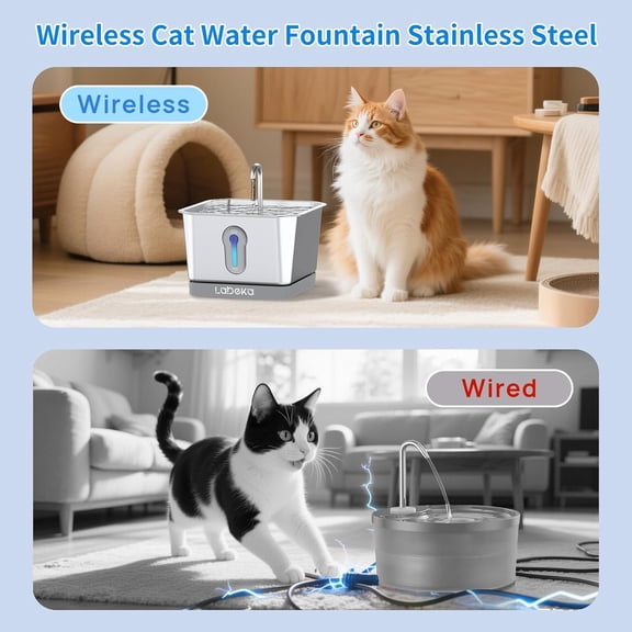 Stainless Steel Cat Water Fountain 135oz/4L: Battery Operated Wireless Cat Fountains for Drinking Indoor, Automatic Pet Water Dispenser with Ultra Quiet Pump, Multi-Filtration(2Filters)