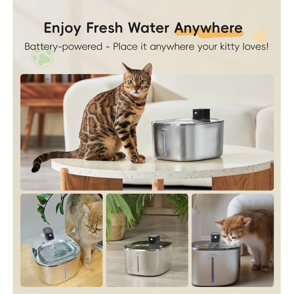 Stainless Steel Cat Water Fountain 4.1L Wireless Cordless Pet Dispenser with 3 Modes & 6-Stage Filtration for Cats Dogs