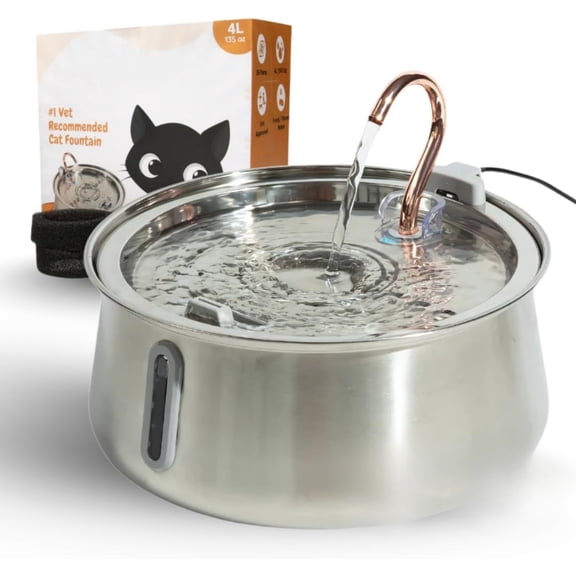 Stainless Steel Cat Water Fountain Automatic Drinking Fountain, Quiet Circulating Water Bowl, Dishwasher Safe, Indoor Pet Fountain for Hydrated Healthy Cats (Stainless Steel, 4L Corded)