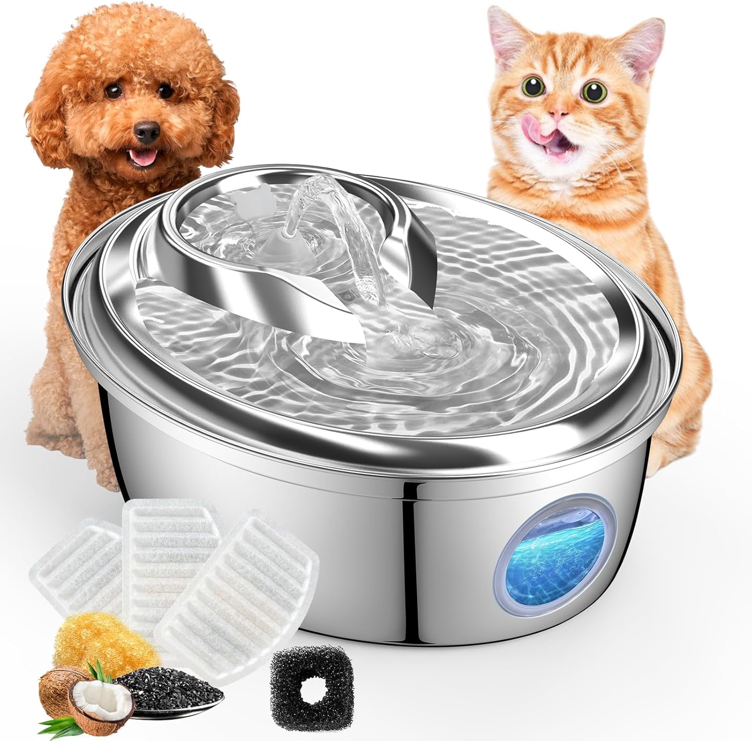 Stainless Steel Cat Water Fountain, Automatic Pet Water Fountain, 100oz/3L Drinking Fountain Dog Water Dispenser with Water Level Window- 4Pcs Filters (D66)