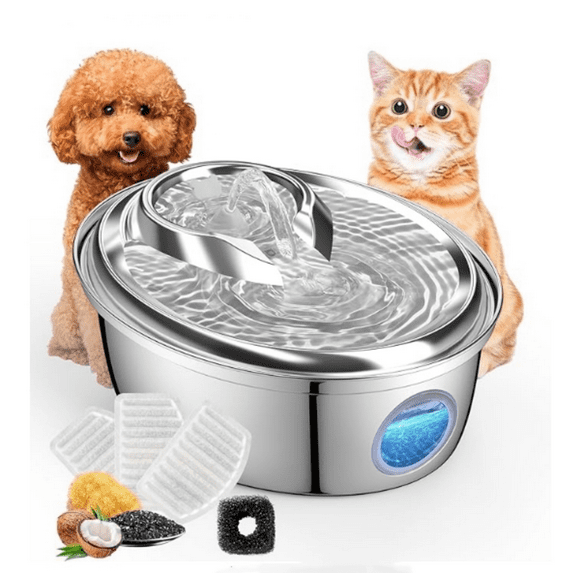 Stainless Steel Cat Water Fountain, Automatic Pet Water Fountain, 100oz/3L Drinking Fountain Dog Water Dispenser with Water Level Window- 4Pcs Filters
