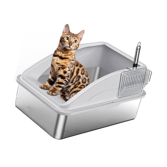 Stainless Steel Cats Litter Pan Half Closed Design Spill Resistant Odor Prevention Litters Container with Scoops