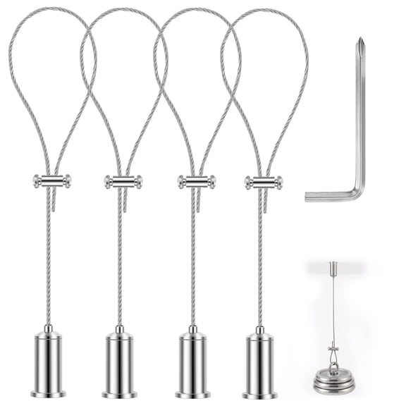 4 Pack Stainless Steel Ceiling Hanging Wire Kit, 6.5 Ft Adjustable Wire Rope with Heavy Duty Mounting Brackets and Screws for Signs and Panels