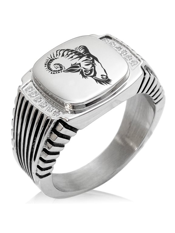 Stainless Steel Celestial Satyr Goat CZ Ribbed Needle Stripe Pattern Biker Style Polished Ring