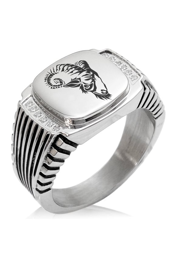 Stainless Steel Celestial Satyr Goat CZ Ribbed Needle Stripe Pattern Biker Style Polished Ring