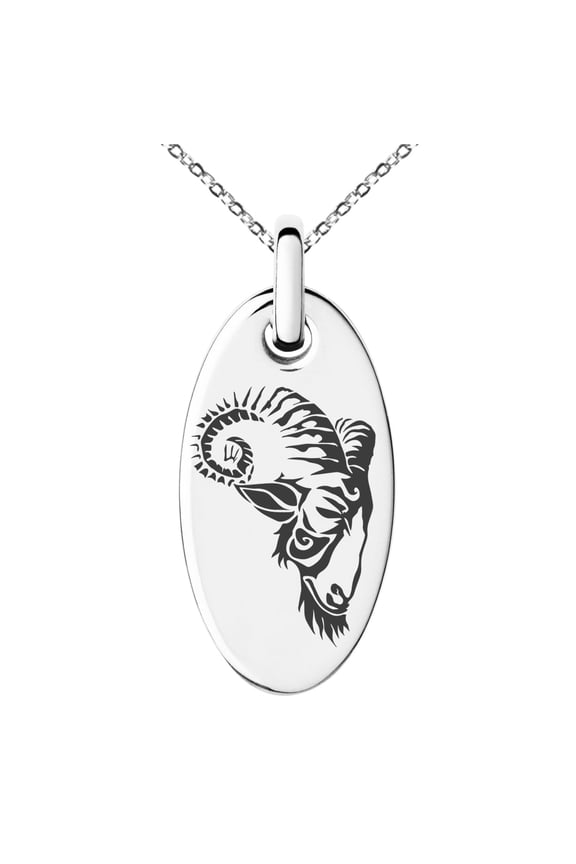 Stainless Steel Celestial Satyr Goat Engraved Small Oval Charm Pendant Necklace