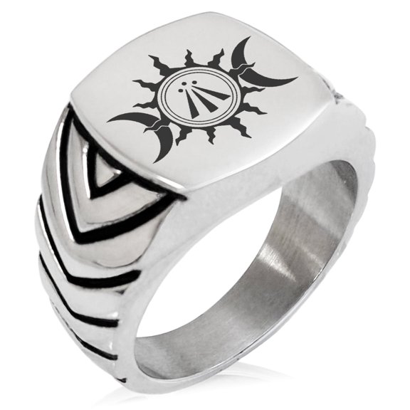 Tioneer Stainless Steel Celtic Awen Arwen Sun & Moon Chevron Pattern Biker Style Polished Ring