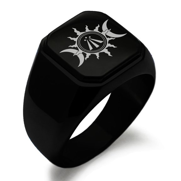 Stainless Steel Celtic Awen Arwen Sun & Moon Engraved Square Flat Top Biker Style Polished Signet Ring