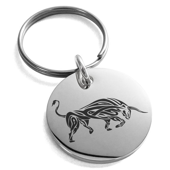 Stainless Steel Celtic Bull Rune Engraved Small Medallion Circle Charm Keychain Keyring