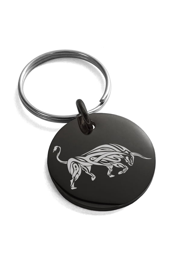 Stainless Steel Celtic Bull Rune Engraved Small Medallion Circle Charm Keychain Keyring