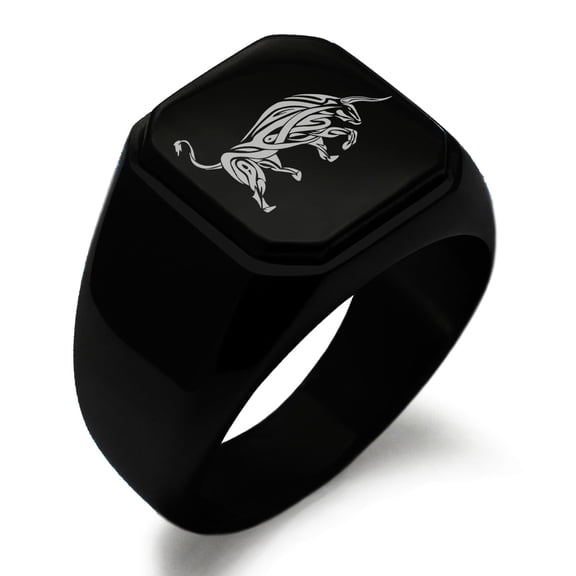 Tioneer Stainless Steel Celtic Bull Rune Engraved Square Flat Top Biker Style Polished Signet Ring