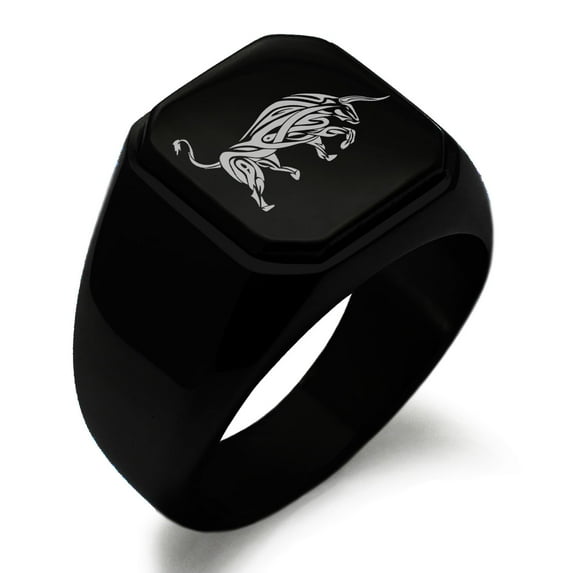 Tioneer Stainless Steel Celtic Bull Rune Engraved Square Flat Top Biker Style Polished Signet Ring