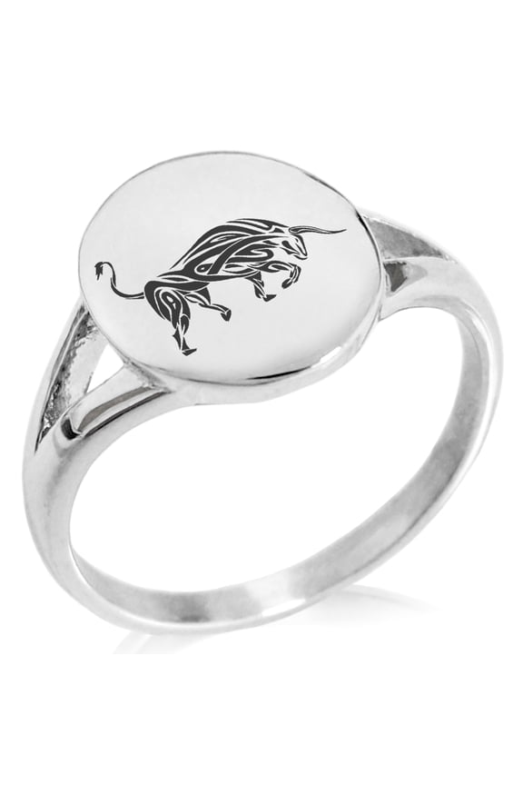 Stainless Steel Celtic Bull Rune Minimalist Oval Top Polished Statement Signet Ring