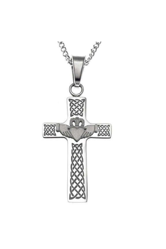 Stainless Steel Celtic Claddagh Cross Pendant Necklace - Irish Symbol of Love, Loyalty & Friendship