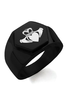 Stainless Steel Celtic Claddagh Unity Engraved Hexagon Crest Flat Top Biker Style Polished Ring
